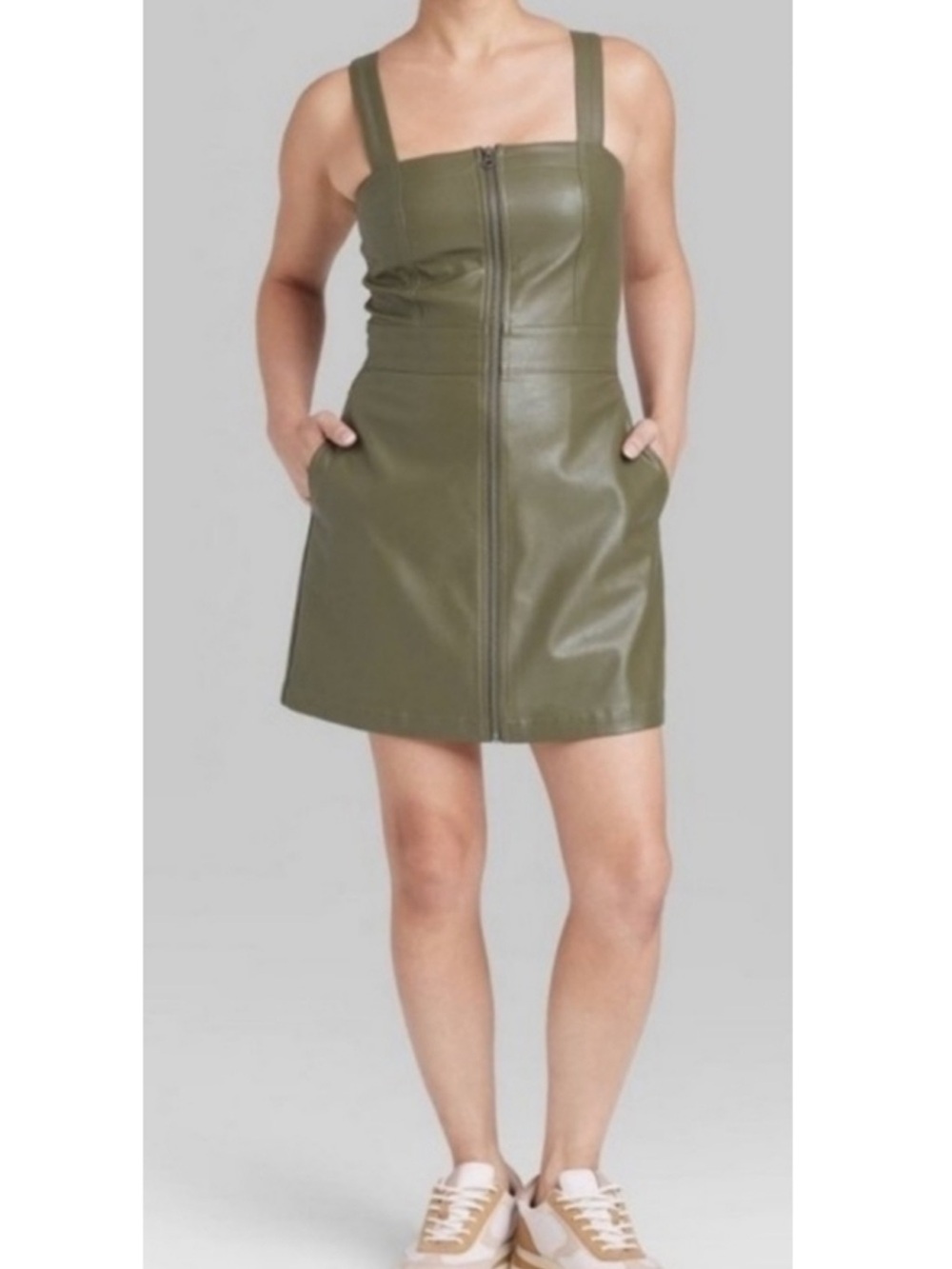 wild fable Olive Green Faux Leather Zip-Front Mini Dress